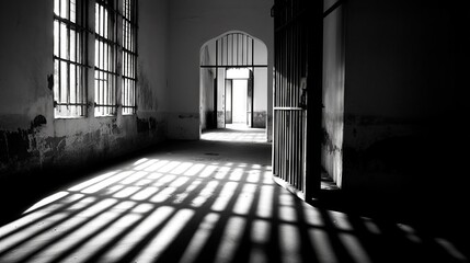 High-contrast black and white photo of an empty prison cell, the open door casting long shadows on the floor