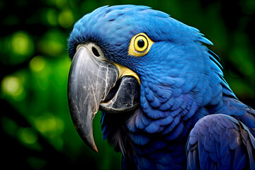 Obraz premium Close-Up Portrait of a Majestic Blue Macaw Parrot with Yellow Eyes
