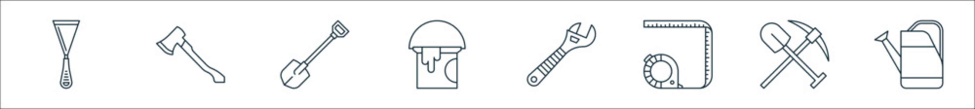 outline set of construction tools line icons. linear vector icons such as spatula, axe, shovel, paint bucket, wrench, measure tape, mining, watering can