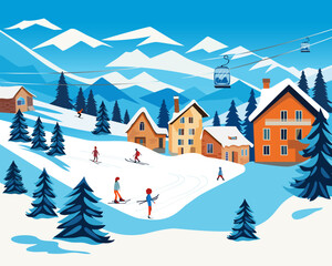 Ski resort in the mountains, with ski lifts, houses, hotels. People skiing. 