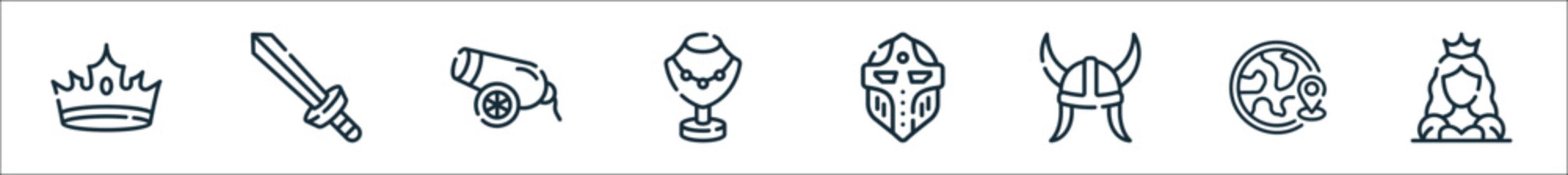 outline set of medieval line icons. linear vector icons such as crown, sword, cannon, jewelry, knight, helmet, map, princess