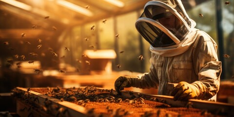 A beekeeper in a protective suit collects honey. Bee eco farm, natural honey