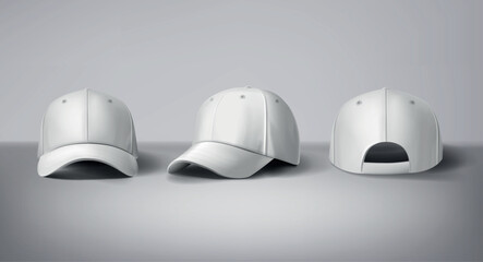 White baseball caps mock up a gray background, front and back or different sides. For branding and advertising.