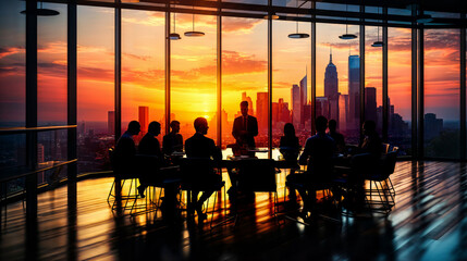 Silhouette of Corporate Team Engaged in a Boardroom Meeting Against the Backdrop of a Striking Sunset View Through Floor-to-Ceiling Windows.