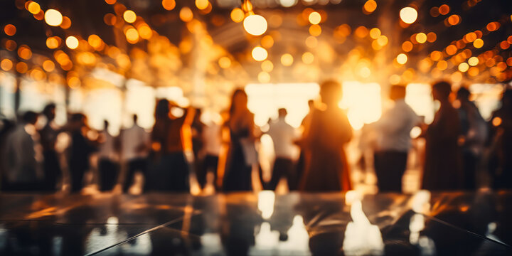 Blurred figures of people dancing in a hall with glowing bokeh lights, capturing the warm, festive atmosphere of a joyous celebration or elegant event
