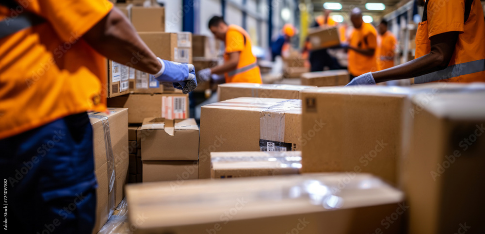 Poster focused view of cardboard boxes on shelves in warehouse with workers in reflective vests operating i