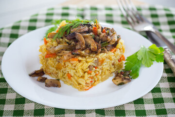 Diet pilaf with mushrooms and vegetables in a plate .