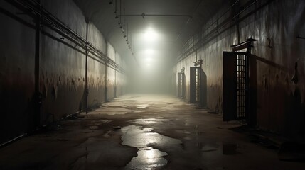 An eerie, abandoned prison hall with cells fading into the mist, an open door offering a path to an uncertain destiny