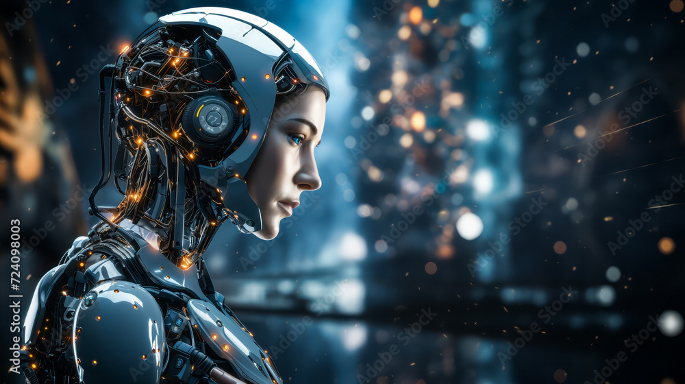 Poster contemplative humanoid robot with advanced ai features pondering against a backdrop of dynamic digit