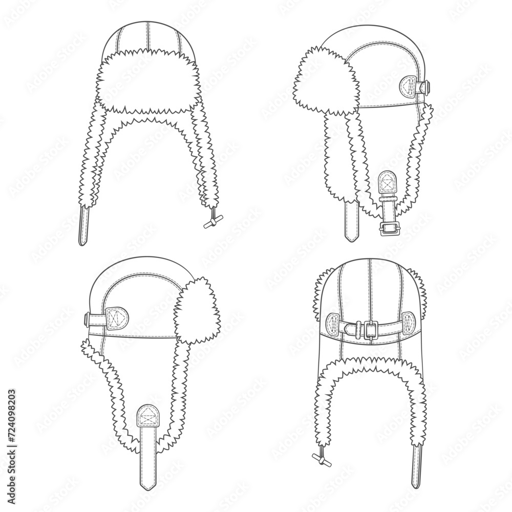 Poster set of black and white illustrations with flying cap with earflaps. isolated vector objects on white