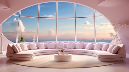 Fototapeta premium Soft pastel-colored circular couch centered in a surreal, open sky-themed room with vertical white lines and a reflective floor