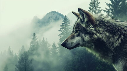 Close up portrait of huge grey wolf head in double exposure of forest mountains. Spirit of nature concept