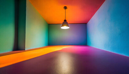 Obraz premium An empty room with vibrant colors and a wall illuminated by a shining light. Great for text mockups or product presentations.