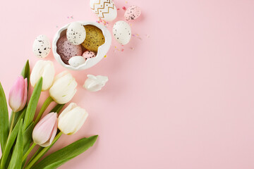 Easter jubilation: infusing enthusiasm into joyful renewal. Top view shot of egg-shaped plate, eggs, bunnies, tulips, sparkles on pastel pink background with space for congratulations