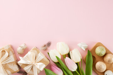 Fototapeta na wymiar Easter delights: thoughtful gifts for a joyful celebration. Top view photo of cute presents, eggs, cutlery, tulips, sprinkles, bunnies on pastel pink background with blank space for advert or text
