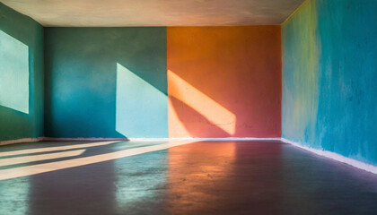 A brightly lit room with a wall in focus. Ideal for showcasing text or presenting products. Colorful and empty.