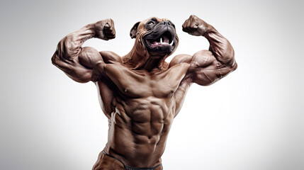 Dog muscle flexing pose bodybuilder dog. Isolated on grey background