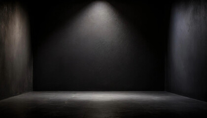 A solitary spotlight shines on an empty black room, suitable for text mockup or product presentation. - obrazy, fototapety, plakaty