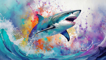 Requin sautant hors de l'eau dans une ambiance colorée