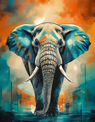 Elephant marchant de face dans une ambiance colorée bleutée et orangée
