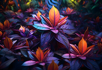 background made of orange, green, purple and blue tropical leaves. Generative AI