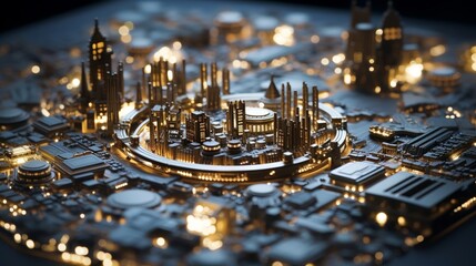 Close-up on a silicon city with silver and gold circuitry, with selective focus to create depth and complexity