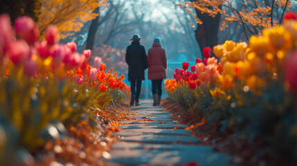 Couple walking on a cobblestone path - beautiful spring day - spring flowers -flower garden - park 