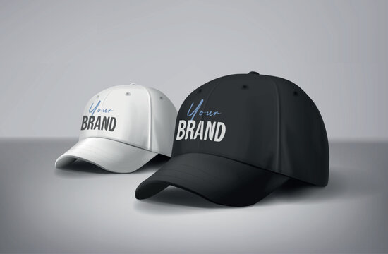 Black and white baseball caps mock up with logo in gray background, front sides. For branding and advertising.