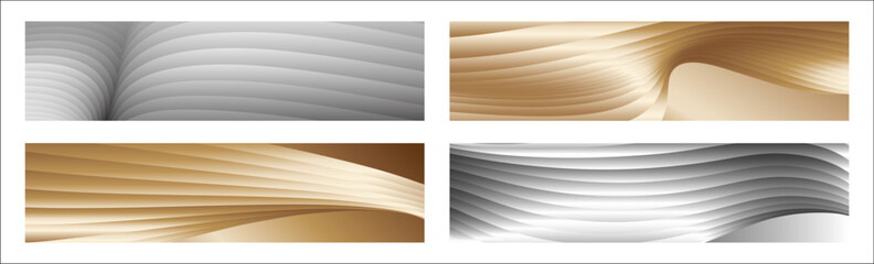 Fototapeta premium Wavy silver and gold parallel gradient lines, ribbons, silk. Set of 4 backgrounds. Black and white with shades of gray or golden silk. Banner, poster. eps vector