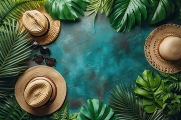 Summer, beach and vacation concept with free text space. Top view. A man straw hat, sunglasses and suntan oil on a fine sandy background with a palm leaf shade. AI generated illustration