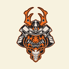 Samurai warrior mask. Traditional armor of japanese warrior. Vector illustration, shirt graphic. All elements; mask, helmet, colors are on the separate layers and editable.	
