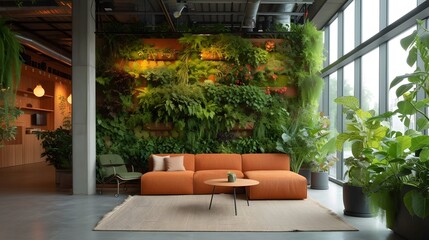 Interior shots of offices with flora and fauna or vertical gardens