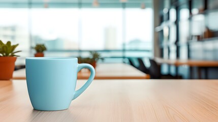 Sky Blue Coffee Cup on a wooden Table. Blurred Interior Background