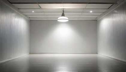 Obraz premium Step into a world of possibilities! An empty room with a pristine white floor and a radiant light bulb. Ideal for backgrounds with ample space to write