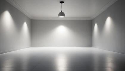 A pristine room with a white floor and a suspended light bulb emitting a soft glow. Versatile for text or presentation backgrounds, allowing ample writing space.