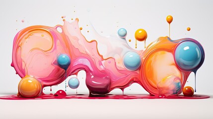 Abstract composition of circular elements and liquid paint. Abstract scene of various colliding objects. Dynamic composition of various flying objects. - obrazy, fototapety, plakaty