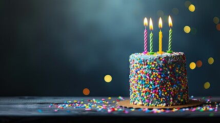 A delicious celebration cake with vibrant sprinkles and twenty-one candles. Perfect for birthdays and special events