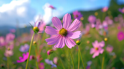 Fototapeta premium Pink cosmos flowers swaying in the warm light.
