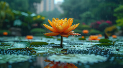 A single water lily amidst raindrops on a pond.