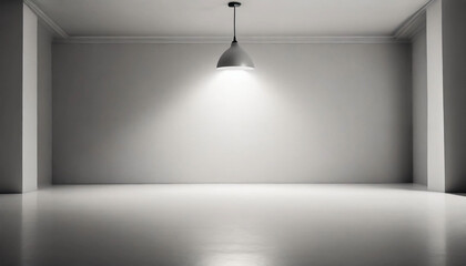 An unoccupied room featuring a white floor and a light bulb suspended from above. Ideal for text or presentation backgrounds, offering plenty of space for written material.