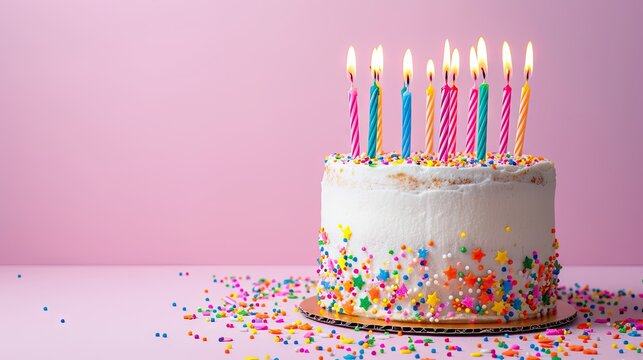 A delicious celebration cake with vibrant sprinkles and twenty-one candles. Perfect for birthdays and special events