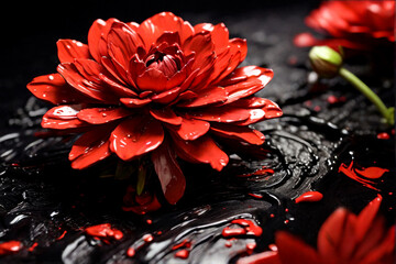 Amazing red flower with splashes of paint at black isolated background. Idyllic artistic image, wallpaper. Beauty of nature concept backgrounds. Copy ad text space. Generative Ai illustration