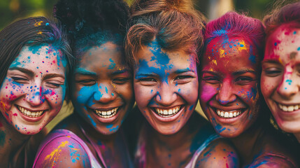 Five Happy multiracial girlfriends with colorful faces celebrating Holi festival of colors