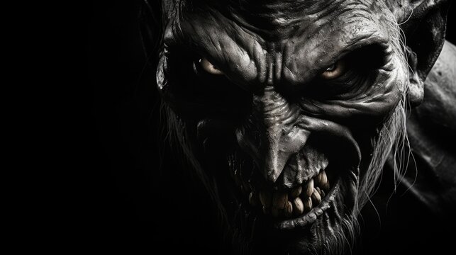 The creepy grin of an evil creature. A sinister smile. Grim image of a scary undead creature.