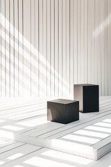 White wooden slatted room with two black square structures for use as mockup and product display.