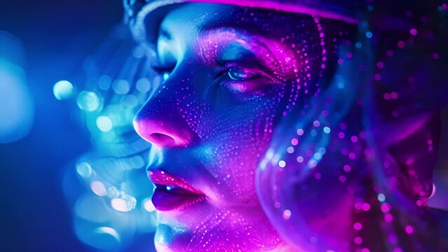 A holographic portrait of a flapper girl from the 1920s her image captured in a dazzling display of holographic technology.