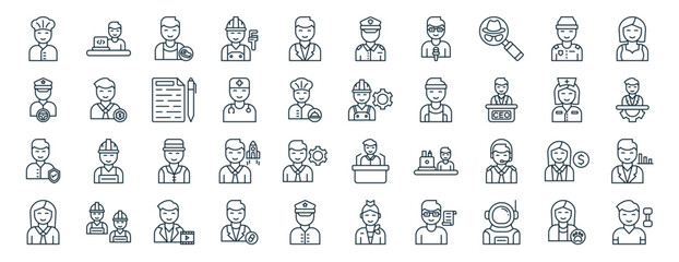 set of 40 outline web professions men diversity icons such as software developer, taxi driver, safety, secretary, nurse, model, captain icons for report, presentation, diagram, web design, mobile