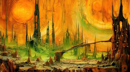 Acid-colored painting depicting an abandoned devastated city. Apocalyptic cityscape. Futuristic. Illustration for cover, card, postcard, interior design, banner, poster, brochure or presentation.
