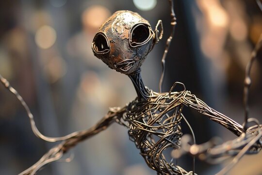 an otherworldly metal wire-framed alien creature, sparking imagination in a minimalist sculpture statue.