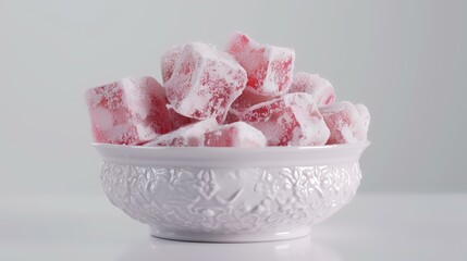 Turkish delight in a white bowl on a white marble table, shallow depth of field